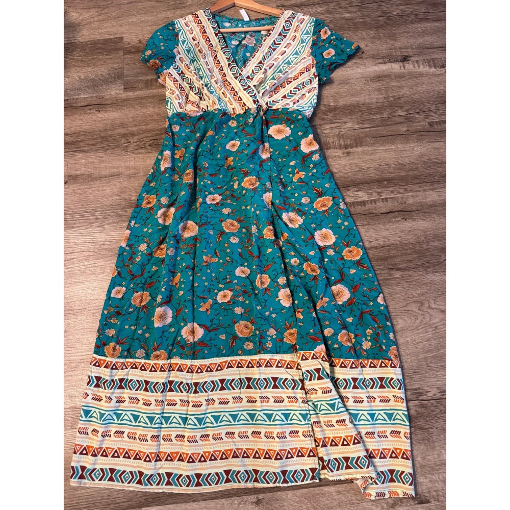 Lapis Maxi Dress Boho Floral Tribal Print V-Neck Short Sleeve Teal Size L Exc